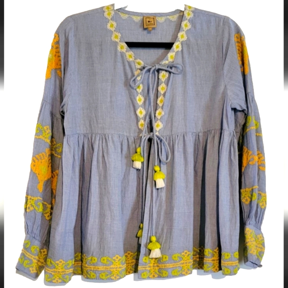 Rose & Rose Embroidered Boho Tassel Blouse Top Tie Blue Micro Gingham